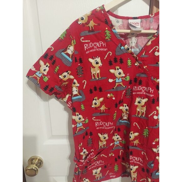 Rudolph the Red Nosed Reindeer Christmas Scrub Shirt Top Peds Dentist Vet Sz L - Picture 2 of 7